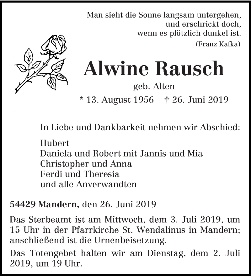  Traueranzeige für Alwine Rausch vom 01.07.2019 aus trierischer_volksfreund