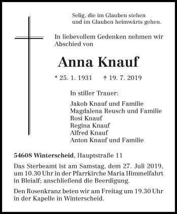 Traueranzeige von Anna Knauf von trierischer_volksfreund