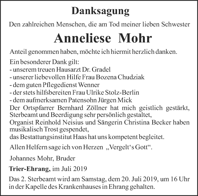  Traueranzeige für Anneliese Mohr vom 13.07.2019 aus trierischer_volksfreund