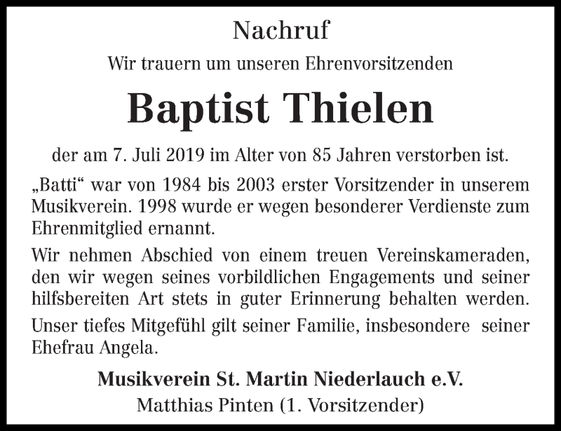  Traueranzeige für Baptist Thielen vom 10.07.2019 aus trierischer_volksfreund