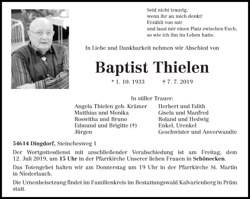  Traueranzeige für Baptist Thielen vom 09.07.2019 aus trierischer_volksfreund