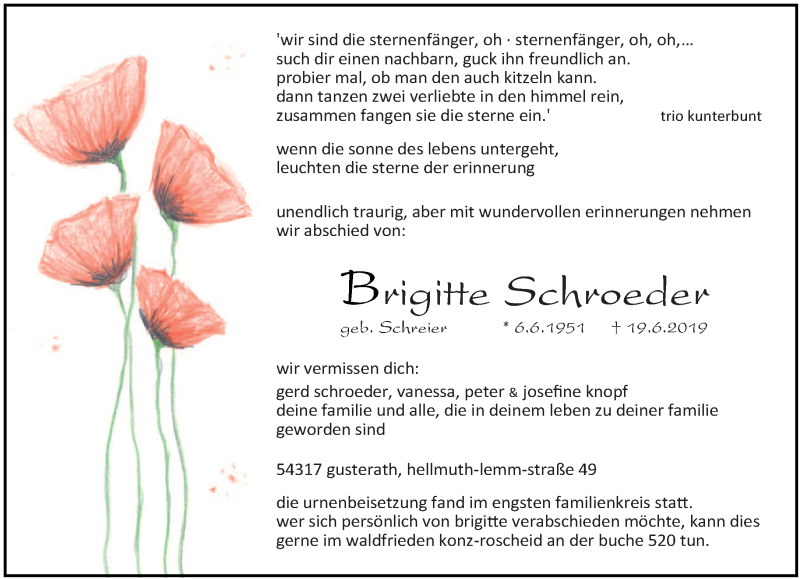  Traueranzeige für Brigitte Schroeder vom 06.07.2019 aus trierischer_volksfreund