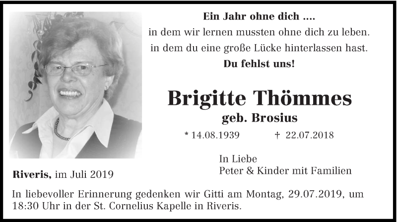 Traueranzeige für Brigitte Thömmes vom 26.07.2019 aus trierischer_volksfreund