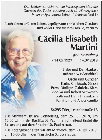 Traueranzeige von Cäcilia Elisabeth Martini von trierischer_volksfreund