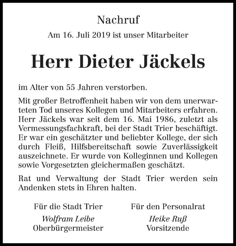  Traueranzeige für Dieter Jäckels vom 27.07.2019 aus trierischer_volksfreund