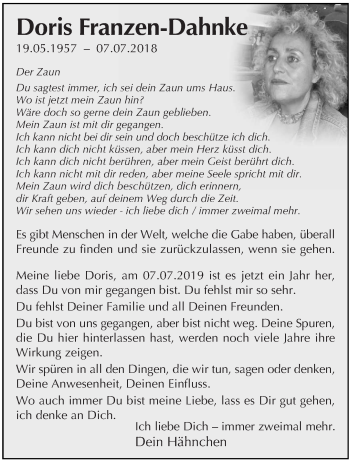 Traueranzeige von Doris Franzen-Dahnke von trierischer_volksfreund