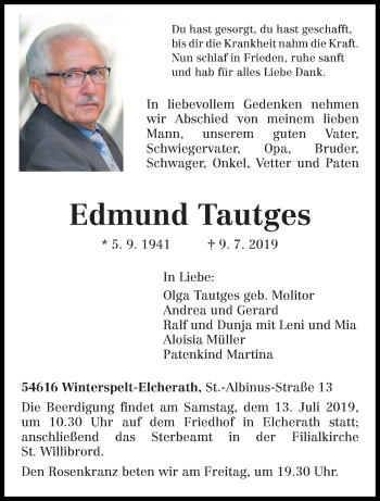 Traueranzeige von Edmund Tautges von trierischer_volksfreund