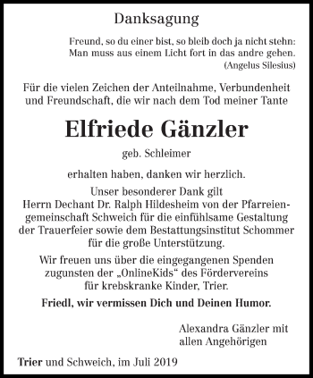 Traueranzeige von Elfriede Gänzler von trierischer_volksfreund