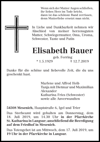 Traueranzeige von Elisabeth Bauer von trierischer_volksfreund