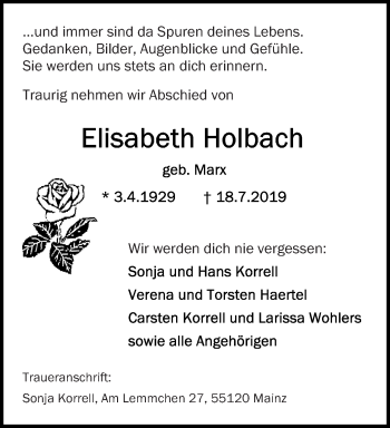 Traueranzeige von Elisabeth Holbach von trierischer_volksfreund