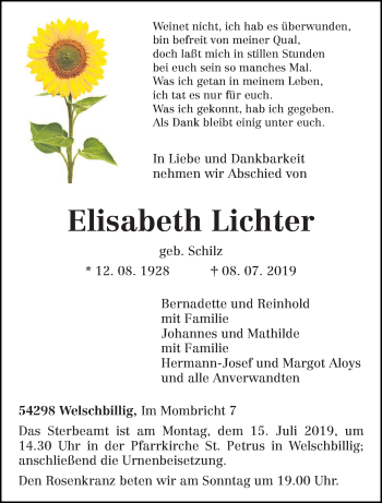 Traueranzeige von Elisabeth Lichter von trierischer_volksfreund