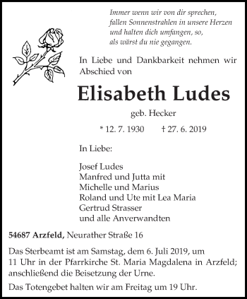 Traueranzeige von Elisabeth Ludes von trierischer_volksfreund