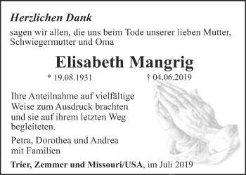 Traueranzeige von Elisabeth Mangrig von trierischer_volksfreund
