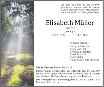 Traueranzeige von Elisabeth Müller von trierischer_volksfreund