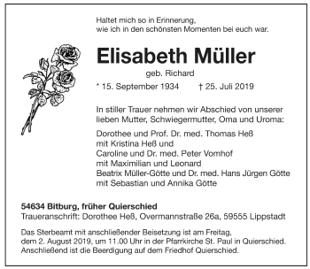 Traueranzeige von Elisabeth Müller von trierischer_volksfreund