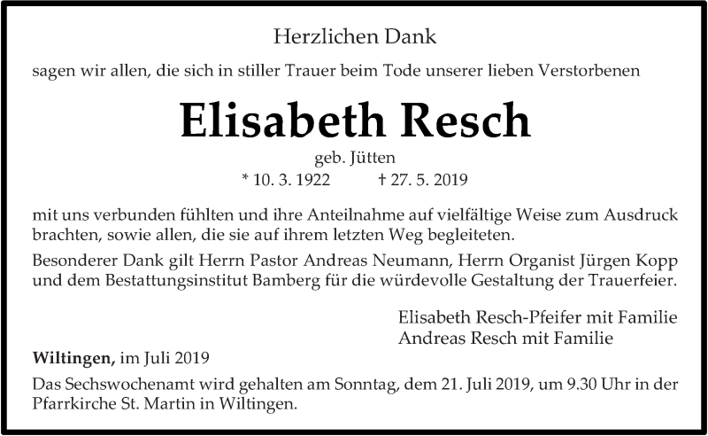  Traueranzeige für Elisabeth Resch vom 13.07.2019 aus trierischer_volksfreund