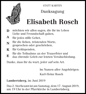 Traueranzeige von Elisabeth Rosch von trierischer_volksfreund