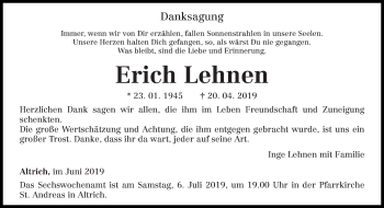 Traueranzeige von Erich Lehnen von trierischer_volksfreund