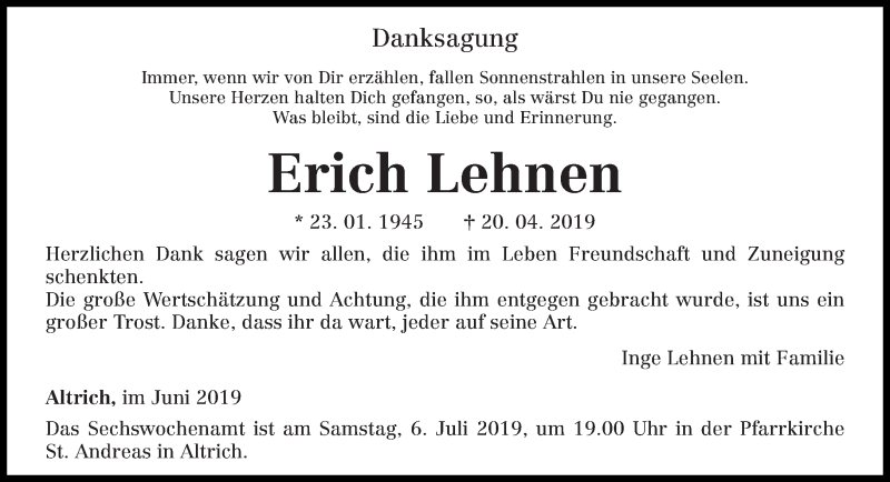  Traueranzeige für Erich Lehnen vom 29.06.2019 aus trierischer_volksfreund