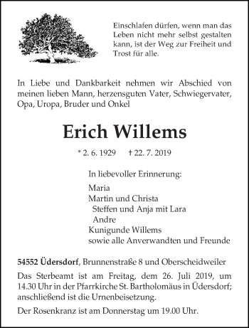Traueranzeige von Erich Willems von trierischer_volksfreund