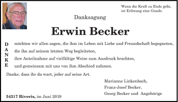 Traueranzeige von Erwin Becker von trierischer_volksfreund