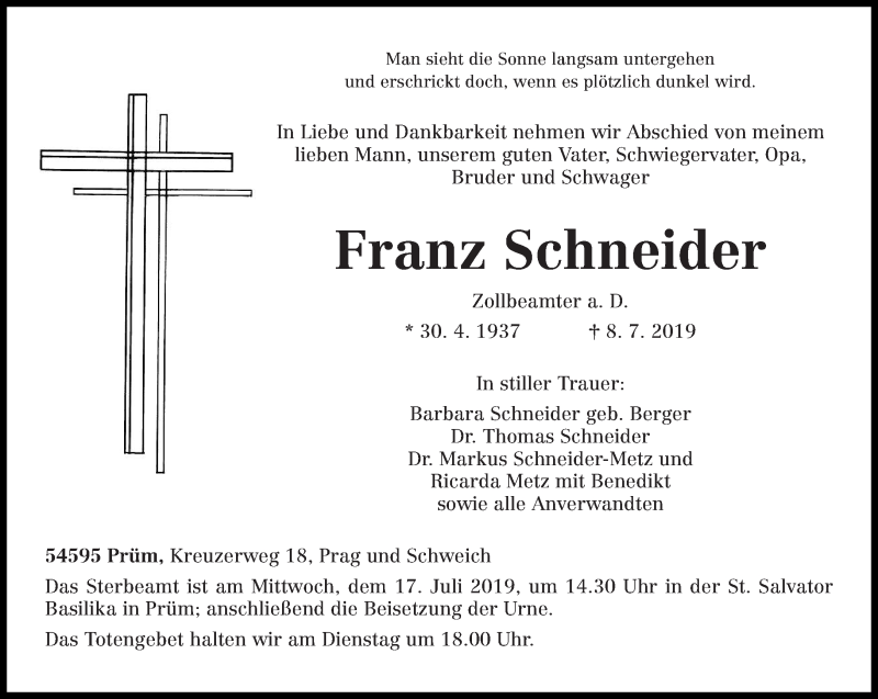  Traueranzeige für Franz Schneider vom 11.07.2019 aus trierischer_volksfreund