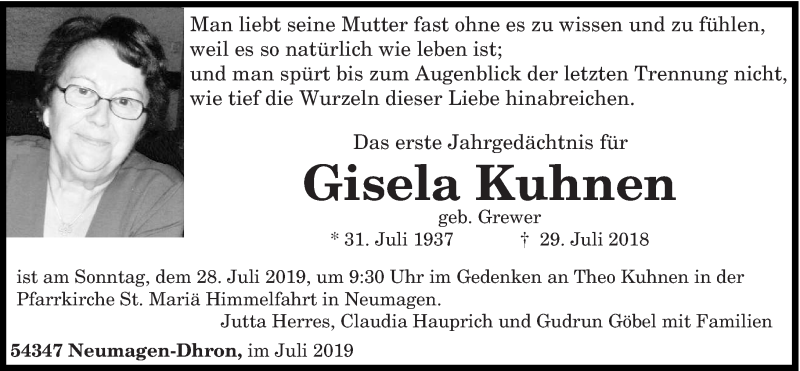  Traueranzeige für Gisela Kuhnen vom 20.07.2019 aus trierischer_volksfreund