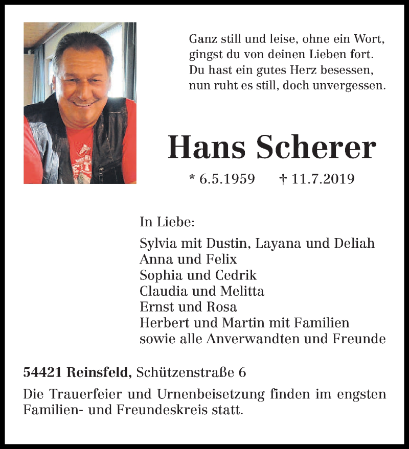  Traueranzeige für Hans Scherer vom 16.07.2019 aus trierischer_volksfreund