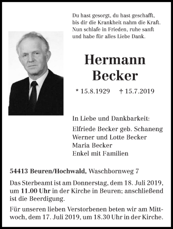 Traueranzeige von Hermann Becker von trierischer_volksfreund