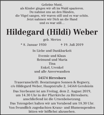 Traueranzeige von Hildegard Weber von trierischer_volksfreund