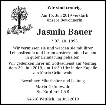 Traueranzeige von Jasmin Weber von trierischer_volksfreund