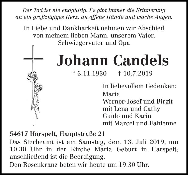  Traueranzeige für Johann Candels vom 12.07.2019 aus trierischer_volksfreund