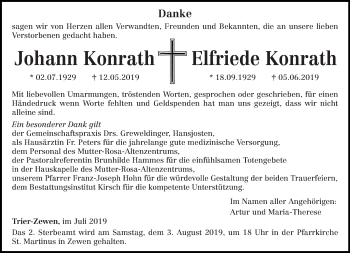 Traueranzeige von Johann und Elfriede Konrath von trierischer_volksfreund