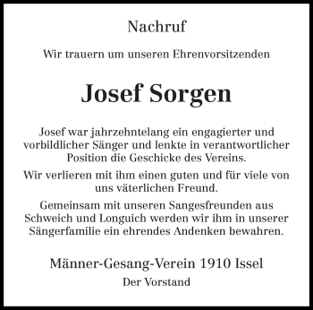 Traueranzeige von Josef Sorgen von trierischer_volksfreund