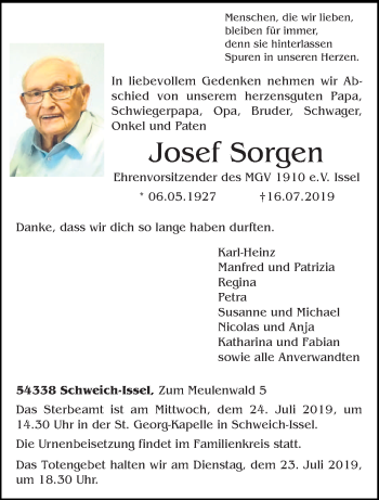 Traueranzeige von Josef Sorgen von trierischer_volksfreund