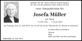 Traueranzeige von Josefa Müller von trierischer_volksfreund