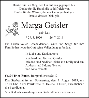 Traueranzeige von Marga Geisler von trierischer_volksfreund