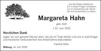 Traueranzeige von Margareta Hahn von trierischer_volksfreund