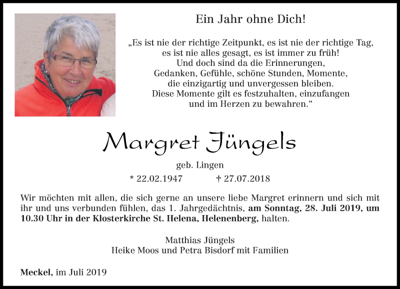  Traueranzeige für Margret Jüngels vom 20.07.2019 aus trierischer_volksfreund
