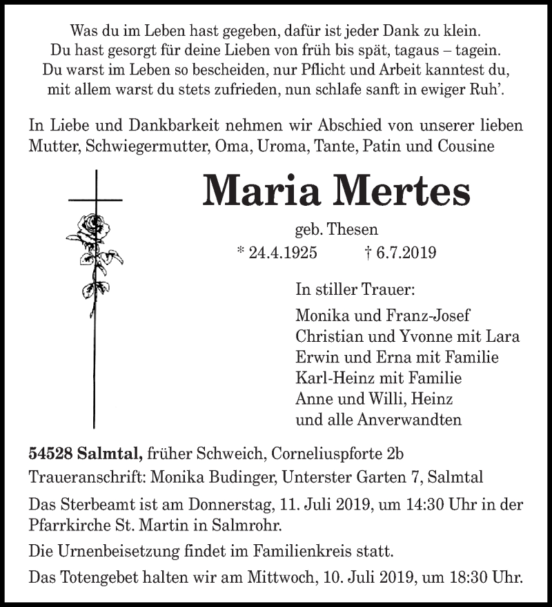  Traueranzeige für Maria Mertes vom 08.07.2019 aus trierischer_volksfreund