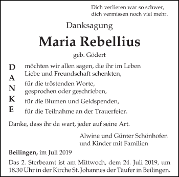 Traueranzeige von Maria Rebellius von trierischer_volksfreund