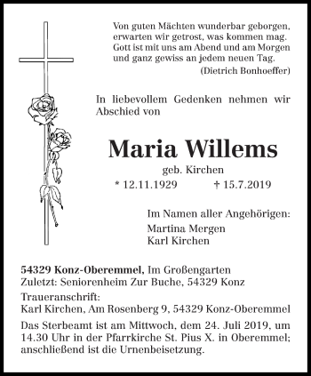 Traueranzeige von Maria Willems von trierischer_volksfreund