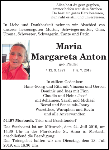 Traueranzeige von Maria Margareta Anton von trierischer_volksfreund