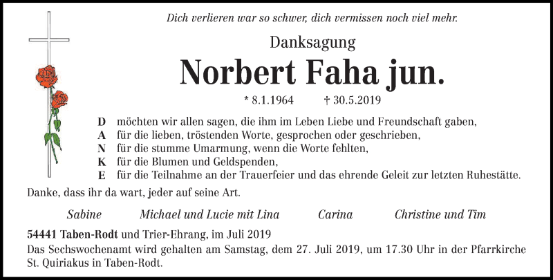  Traueranzeige für Norbert Faha vom 20.07.2019 aus trierischer_volksfreund