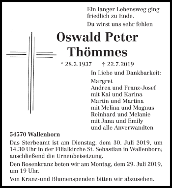 Traueranzeige von Oswald Peter Thömmes von trierischer_volksfreund