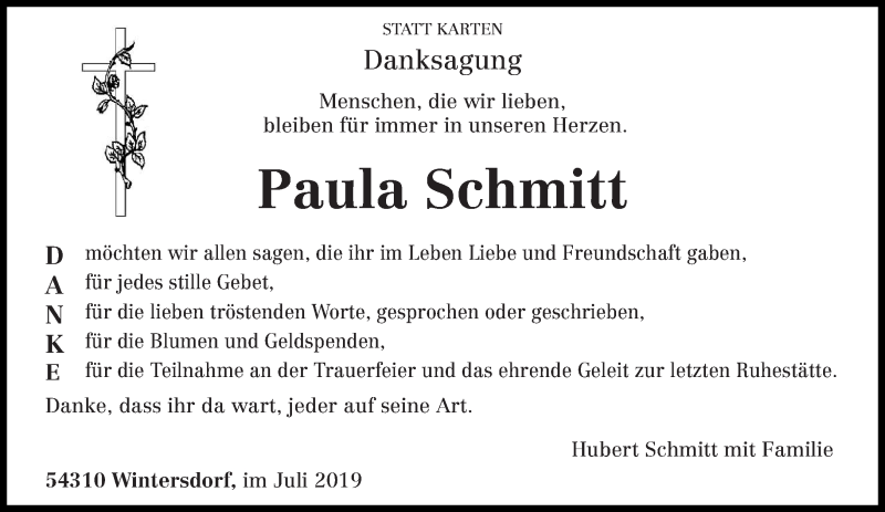  Traueranzeige für Paula Schmitt vom 27.07.2019 aus trierischer_volksfreund