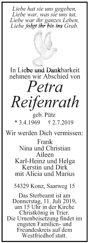  Traueranzeige für Petra Reifenrath vom 06.07.2019 aus trierischer_volksfreund