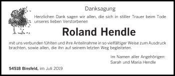 Traueranzeige von Roland Hendle von trierischer_volksfreund