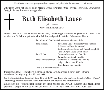 Traueranzeige von Ruth Elisabeth Lause von trierischer_volksfreund