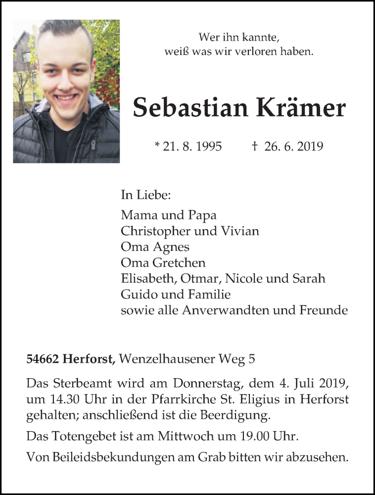  Traueranzeige für Sebastian Krämer vom 01.07.2019 aus trierischer_volksfreund